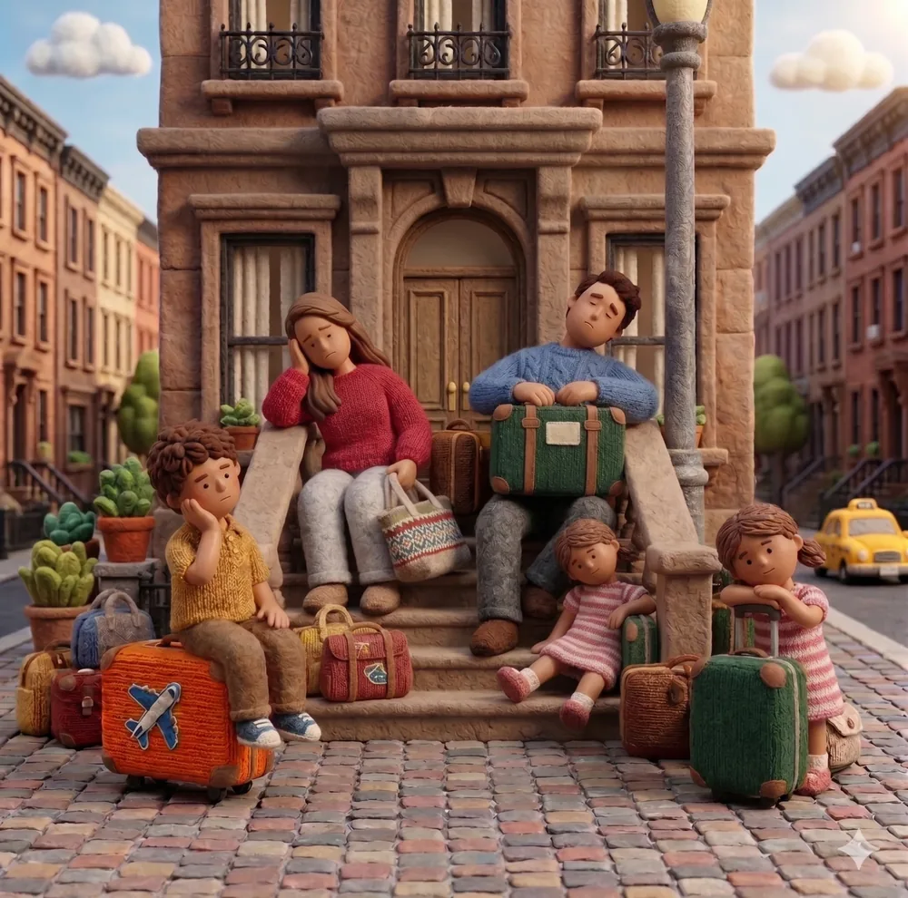 A family waiting with their luggage on the steps of a brownstone